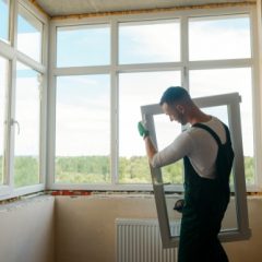 Man,Is,Carrying,A,Window,Sash,Using,A,Vacuum,Lifter.